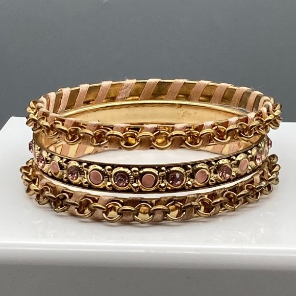 Pink and Gold Tone Bracelet Lot, Stackable Skinny Bangles to Wear and Share - Picture 1 of 2